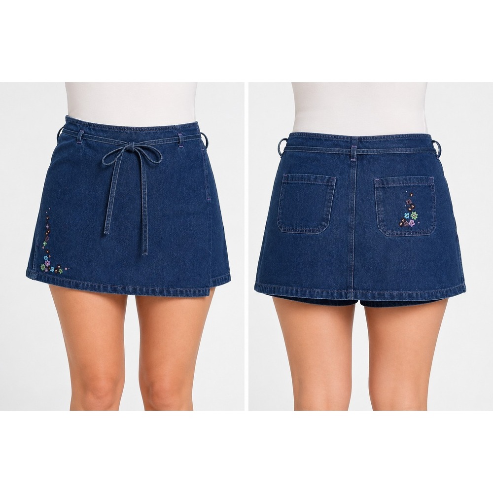 Denim & Co Skort Women's 20 Blue Denim Floral Embroidered Casual Shorts